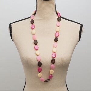 Longer length necklace beaded necklace shades of pink, chocolate, and cream
